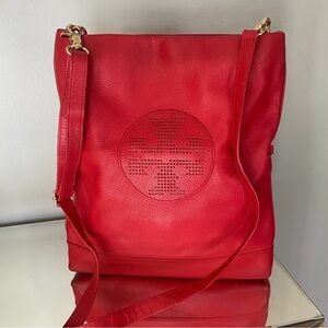 TORY BURCH Bag Kipp Perforated Logo Convertible Hobo Crossbody RED Purse